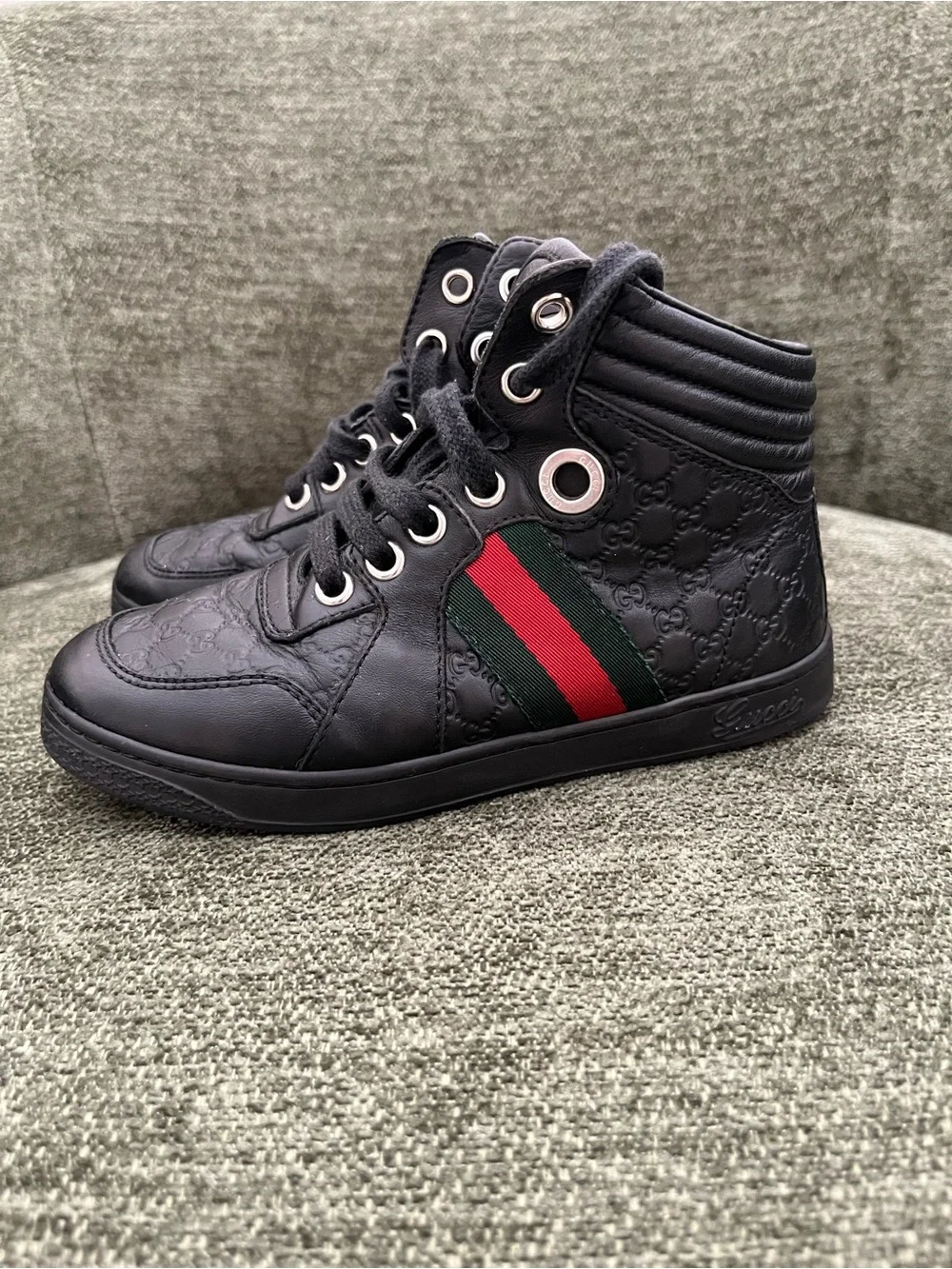 Gucci Boys Black High Top Sneakers GG Guccissima Web size 29 Stripe Lace Up